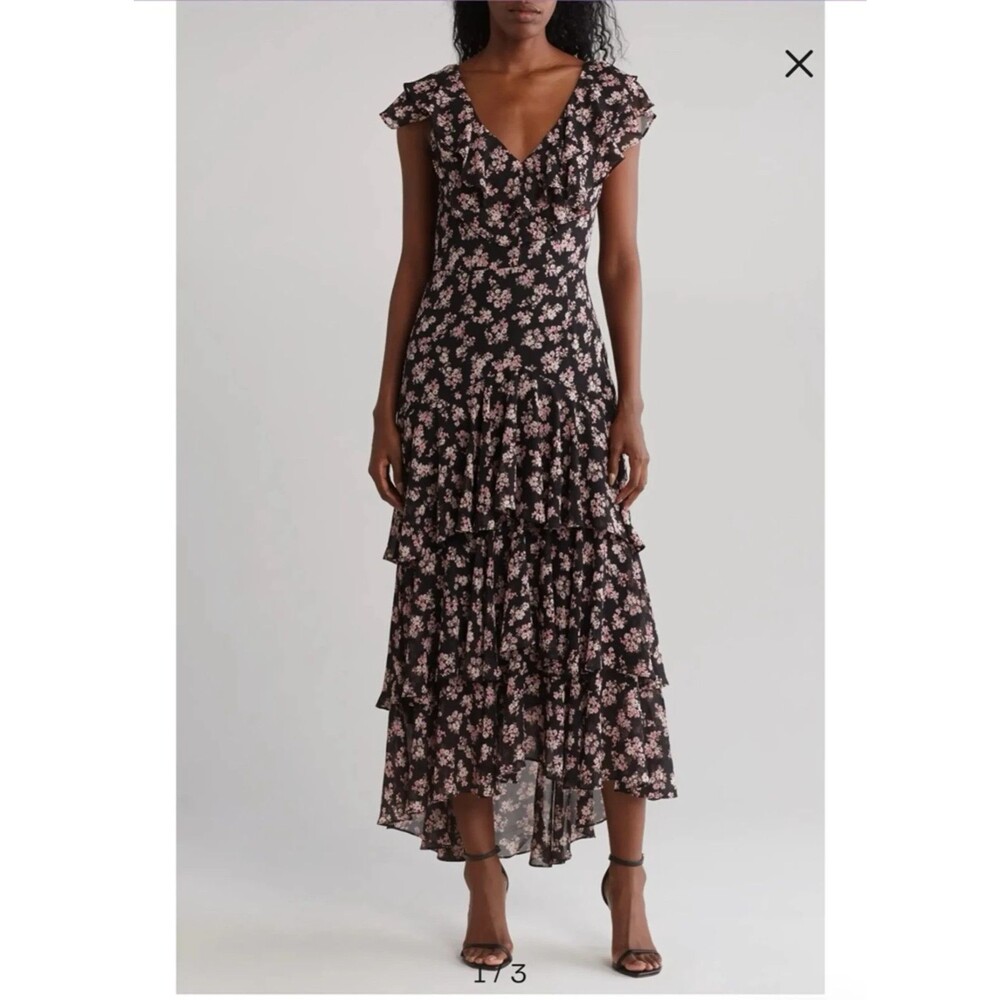 WAYF Off Shoulder Ruffle High Low Tiered Maxi Dress Womens M Black Pink Floral